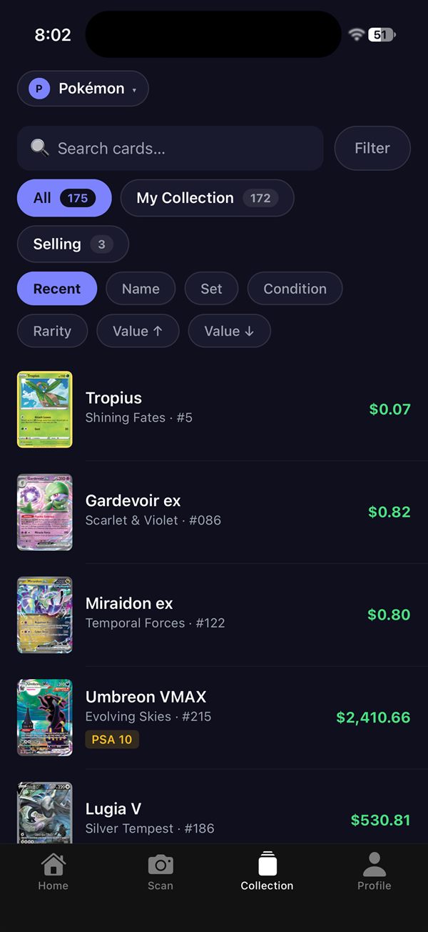 Cardra collection screen listing cards with their market prices