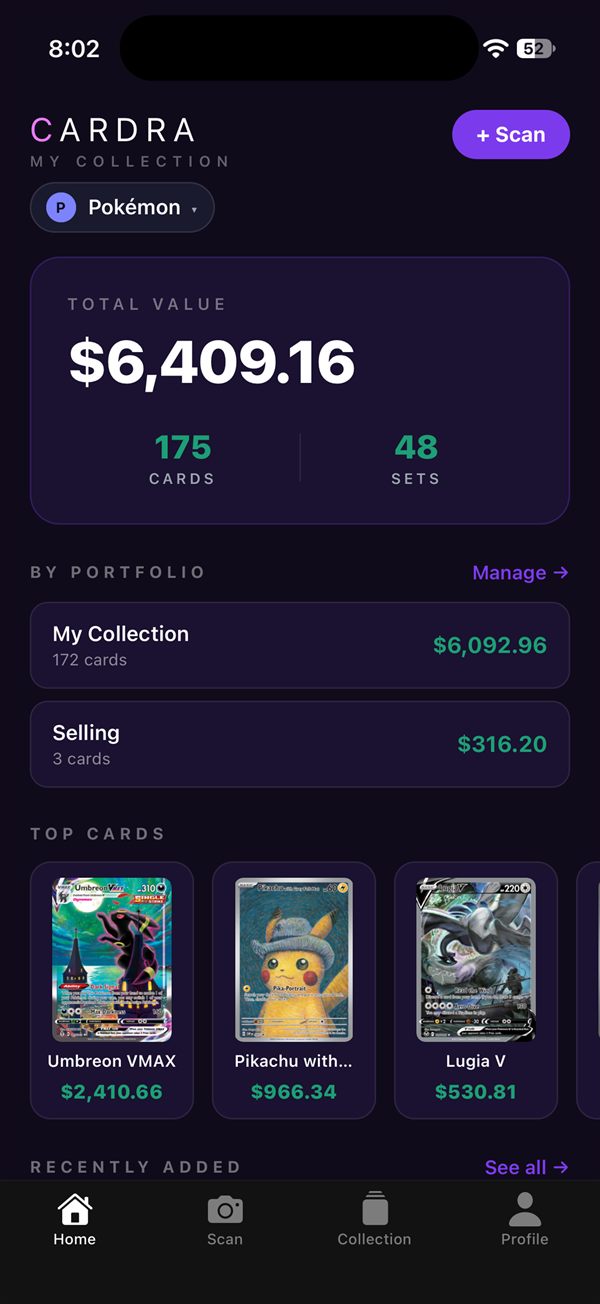 Cardra home screen showing total collection value, portfolios and top cards